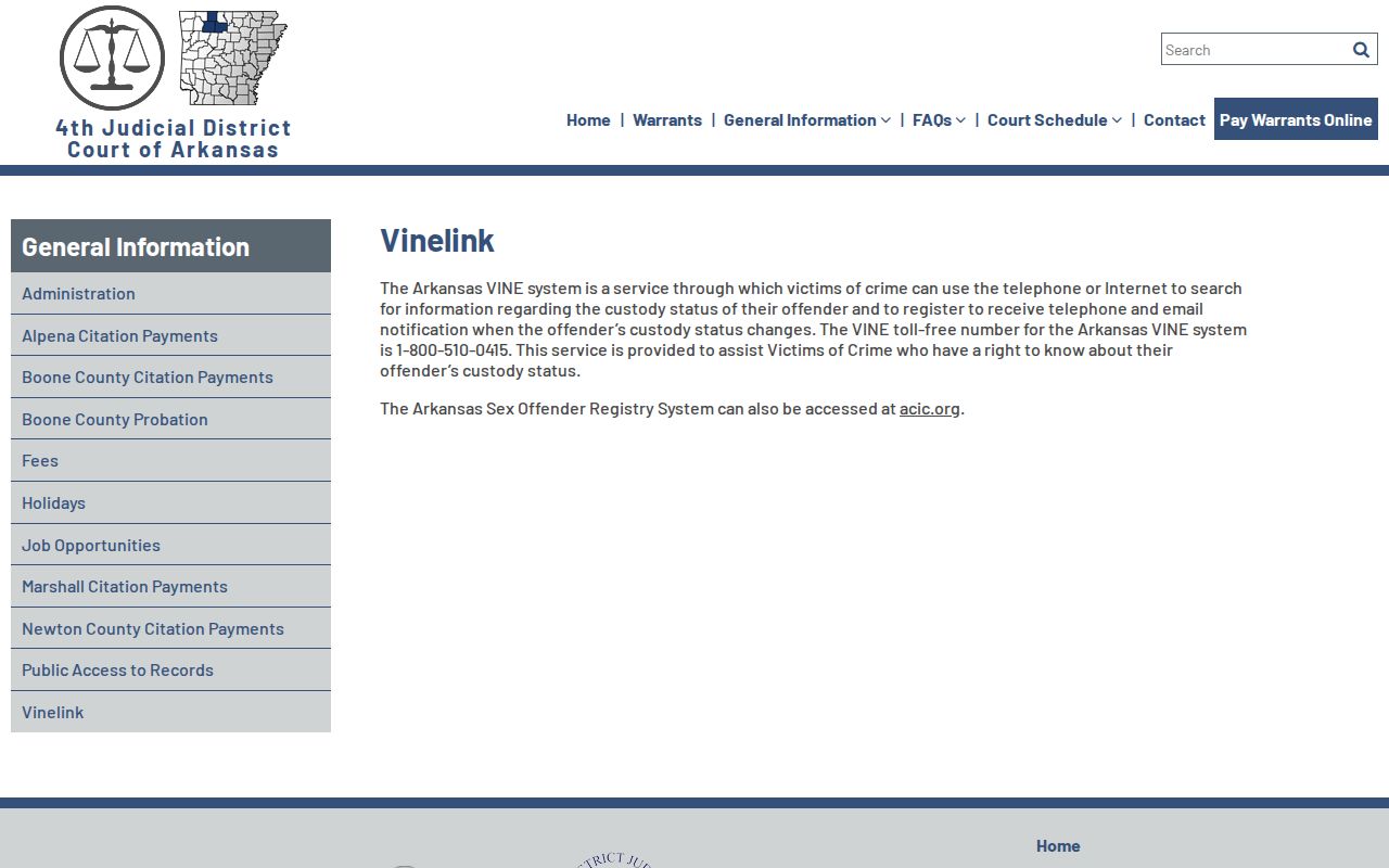 Fourth Judicial District court page explaining VINELink in Arkansas